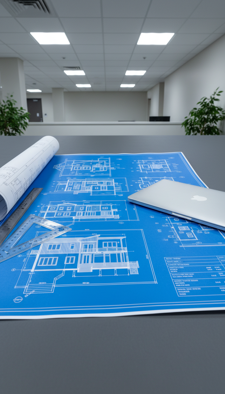 A crisp, high-resolution image depicting architectural blueprints precisely unfurled across a matte grey drafting table. The blueprints show detailed linework of a modern residence, complete with deck plans and structural notes in fine print. Surrounding the blueprints are neat, organized tools: a metallic architect’s scale, transparent acetate ruler, and a closed laptop with a brushed aluminum finish. The setting is a polished workspace with minimal decor, illuminated by cool, even overhead lighting that eliminates harsh shadows. The mood is efficient and professional, emphasizing clarity and order. The composition is centered and slightly elevated, highlighting balanced symmetry and sharp focus across the scene. The overall style is photographic realism with a clean, corporate aesthetic, perfectly aligning with the theme of permit consulting for varied property types.