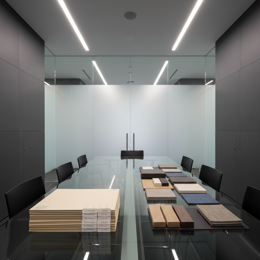 A modern, minimalist meeting room featuring a sleek glass conference table with a stack of neatly arranged permit application folders, each labeled with neutral colored tabs. Alongside the folders are precision-cut wooden material samples and textured swatches representing commercial and residential design elements. The room is framed by smooth slate grey walls, large frosted glass panels, and soft recessed ceiling lights, providing a bright but gentle illumination with barely noticeable shadows. The camera employs a wide-angle, eye-level perspective that emphasizes a sense of structure and professionalism. The ambience is calm, orderly, and businesslike, creating a trustworthy impression for clients in need of permit consulting. The overall finish is crisp and photographic, carefully composed for a balanced, corporate look.